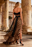 Khaki Leopard Print Chiffon Sweetheart Ruffled Long Prom Dress with Slit