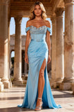 Sparkly Sky Blue Mermaid Beaded Long Corset Prom Dress with Belt