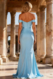 Sparkly Sky Blue Mermaid Beaded Long Corset Prom Dress with Belt