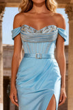 Sparkly Sky Blue Mermaid Beaded Long Corset Prom Dress with Belt