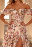 Floral Pink Off the Shoulder A Line Long Corset Prom Dress with Slit