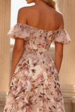 Floral Pink Off the Shoulder A Line Long Corset Prom Dress with Slit