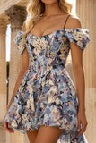 Blue Floral Cold Shoulder A Line Short Corset Prom Dress with Cape