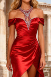 Sparkly Red Mermaid Beaded Halter Neck Long Prom Dress with Slit