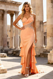 Sparkly Peach Mermaid Beaded Ruffled Long Prom Dress with Slit
