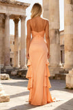 Sparkly Peach Mermaid Beaded Ruffled Long Prom Dress with Slit