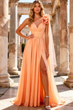 Peach One Shoulder A Line Long Prom Dress with 3D Flower