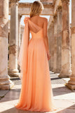 Peach One Shoulder A Line Long Prom Dress with 3D Flower