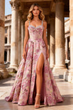Floral Pink Beaded Sparkly A Line Long Corset Prom Dress with Slit