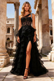 Black Lace One Shoulder Beaded Maxi Prom Dress with Ruffles