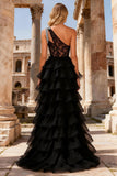 Black Lace One Shoulder Beaded Maxi Prom Dress with Ruffles