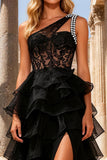 Black Lace One Shoulder Beaded Maxi Prom Dress with Ruffles