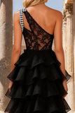 Black Lace One Shoulder Beaded Maxi Prom Dress with Ruffles