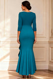 Peacock Blue Ruffled V Neck Mermaid Long Mother of the Bride Dress
