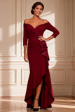 Burgundy Asymmetrical Off the Shoulder Mother of the Bride Dress with Ruffles