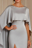Grey Boat Neck Sheath Maxi Mother of the Bride Dress with Cape