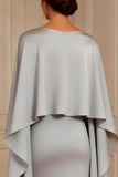Grey Boat Neck Sheath Maxi Mother of the Bride Dress with Cape