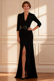 Black Mermaid V Neck Long Mother of the Bride Dress with Belt