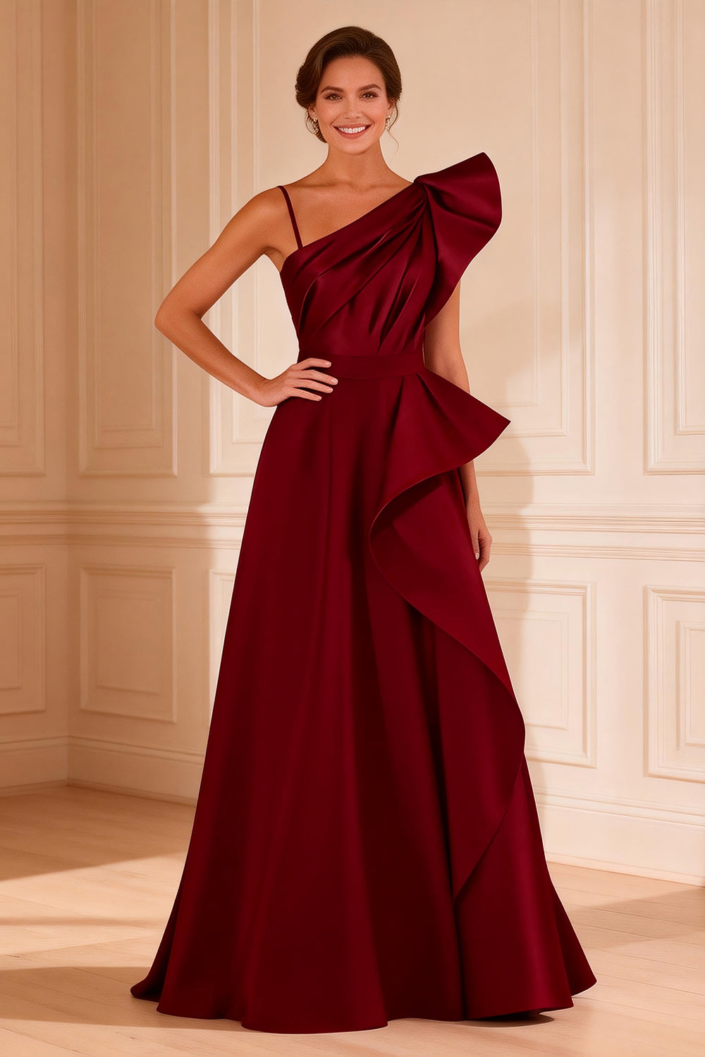 Leely Women Burgundy Long Mother of the Bride Dress Ruffled Ruched A