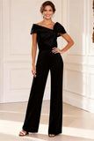 Simple Black Asymmetrical Neck Mother of the Bride Jumpsuits with Bow