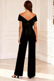 Simple Black Asymmetrical Neck Mother of the Bride Jumpsuits with Bow