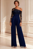 Sparkly Navy Beaded Long Mother of the Bride Jumpsuits with Lace