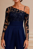 Sparkly Navy Beaded Long Mother of the Bride Jumpsuits with Lace