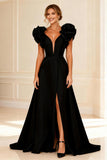 Black Deep V-Neck Ruffled Long Mother of the Bride Dress with Slit