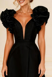 Black Deep V-Neck Ruffled Long Mother of the Bride Dress with Slit