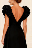 Black Deep V-Neck Ruffled Long Mother of the Bride Dress with Slit