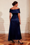 Navy Off the Shoulder A-Line Long Mother of the Bride Dress with Slit