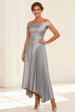 Silver A-Line Pleated Asymmetrical Mother of the Bride Dress with Belt