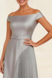 Silver A-Line Pleated Asymmetrical Mother of the Bride Dress with Belt