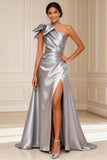 Silver A-Line One Shoulder Mother of the Bride Dress with Bow