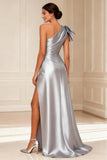 Silver A-Line One Shoulder Mother of the Bride Dress with Bow