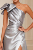 Silver A-Line One Shoulder Mother of the Bride Dress with Bow