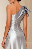 Silver A-Line One Shoulder Mother of the Bride Dress with Bow