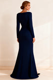 Navy Mermaid Ruffled Long Mother of the Bride Dress with Slit