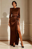 Chocolate Crew Neck Long Mother of the Bride Dress with Slit