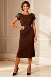 Chocolate Scoop Neck Midi Mother of the Bride Dress with Sleeves