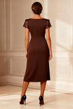 Chocolate Scoop Neck Midi Mother of the Bride Dress with Sleeves