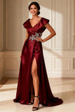 Sparkly Burgundy Beaded Long Mother of the Bride Dress with Slit