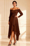 Chocolate Pleated Asymmetrical Mother of the Bride Dress with Sleeves
