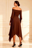Chocolate Pleated Asymmetrical Mother of the Bride Dress with Sleeves