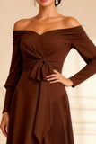 Chocolate Pleated Asymmetrical Mother of the Bride Dress with Sleeves