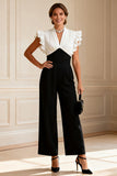 Black and White V-Neck Ruffled Long Mother of the Bride Jumpsuits