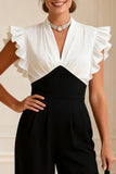 Black and White V-Neck Ruffled Long Mother of the Bride Jumpsuits
