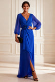 Floral Royal Blue Chiffon V Neck Asymmetrical Mother of the Bride Dress