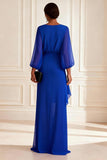 Floral Royal Blue Chiffon V Neck Asymmetrical Mother of the Bride Dress