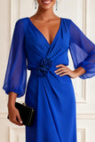 Floral Royal Blue Chiffon V Neck Asymmetrical Mother of the Bride Dress